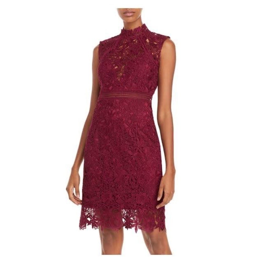 Bardot Lace Sheath Dress Women Size 4 XS Burgundy Excellent Mock Neck Cocktail